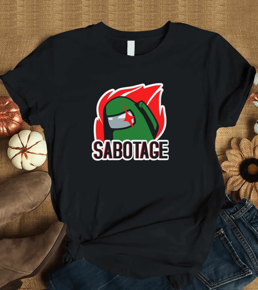 Among Us Sabotage Green Player Icon Flame Background T-Shirt