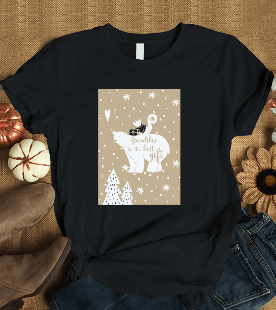 Friendship Is the Best Gift Polar Bear and Squirrel in Snowy Forest T-Shirt