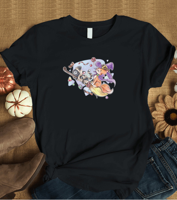 T-Shirt: Halloween Cats on Broomstick with Witch Hat and Candy T-Shirt Halloween Cats on Broomstick with Witch Hat and Candy T-Shirt