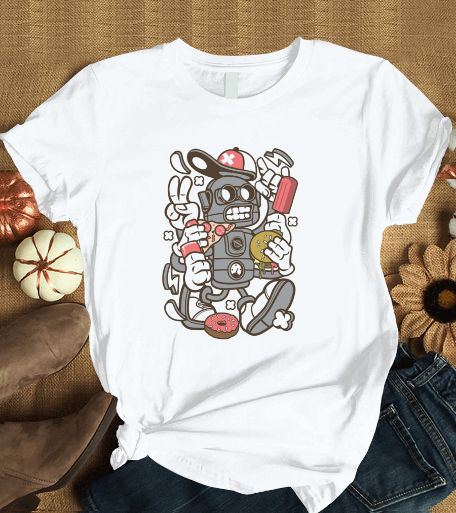 Junk Food Robot Eating Pizza and Burgers with Animated Style Elements T-Shirt