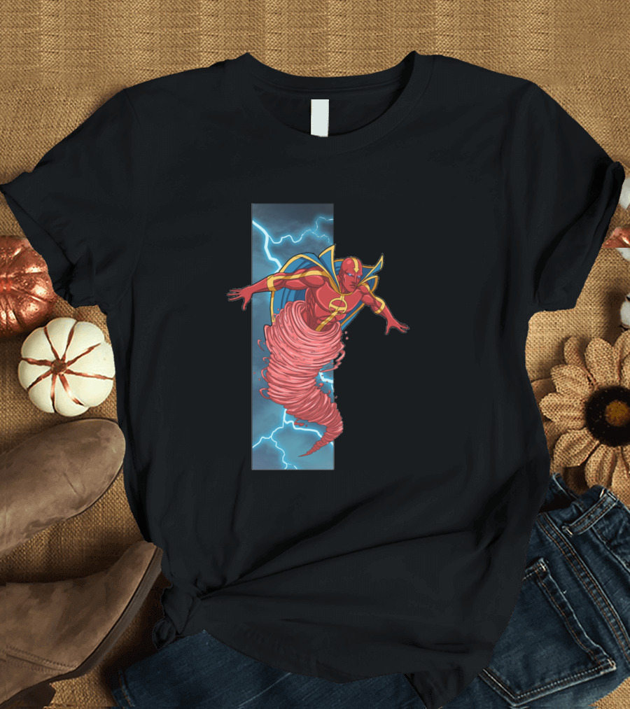 Red Tornado II Justice League of America Series Superhero in Action with Lightning Background T-Shirt