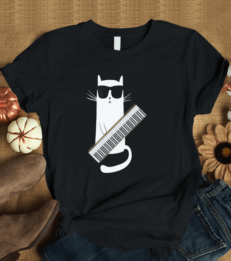 Cat Wearing Sunglasses Playing Keytar Guitar Keyboard T-Shirt
