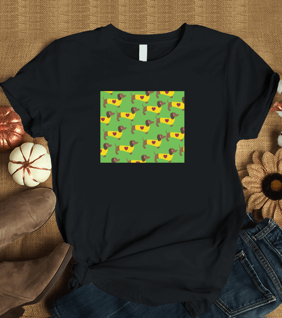 Dachshund Pattern with Hearts on Green Background T-Shirt