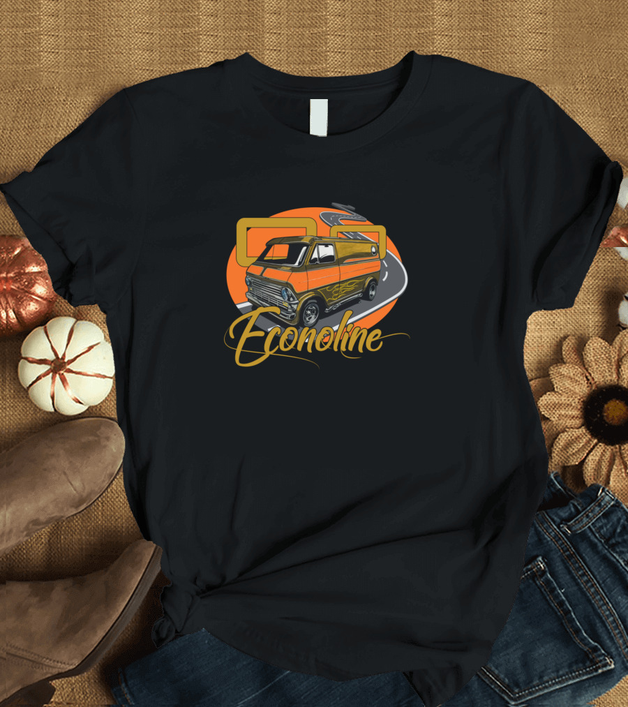 Econoline Classic Orange Van on Curved Road Icon with Flames T-Shirt
