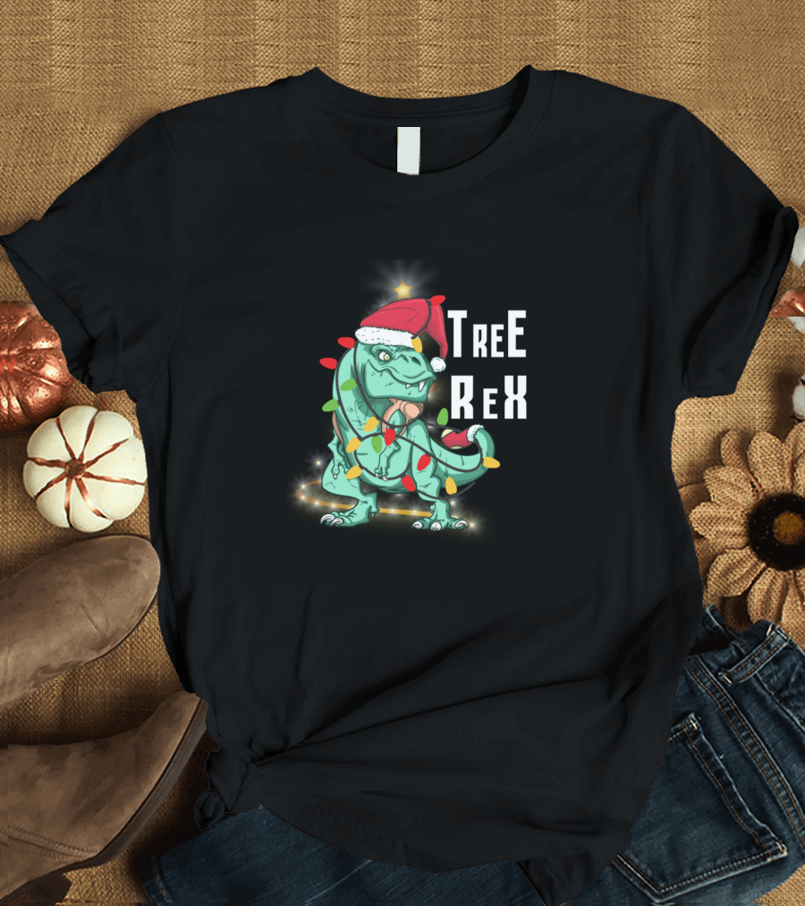 Tree Rex Dinosaur with Santa Hat and Christmas Lights T-Shirt