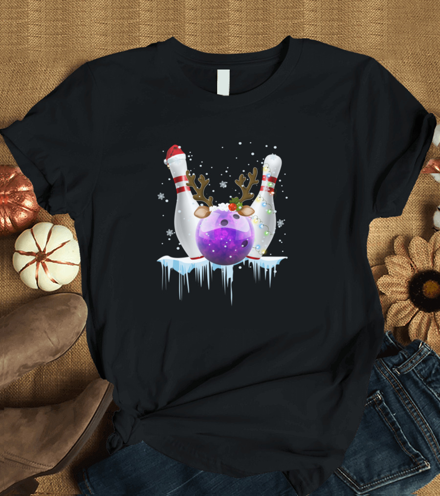 Christmas Bowling Ball Santa Hat with Reindeer and Snowflakes T-Shirt