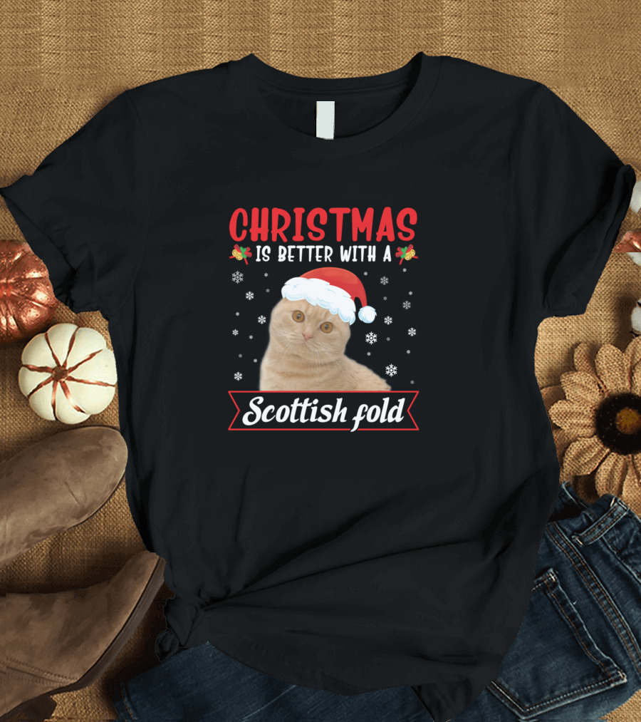 Christmas Is Better With A Scottish Fold Cat Santa Hat Snowflakes Merry T-Shirt