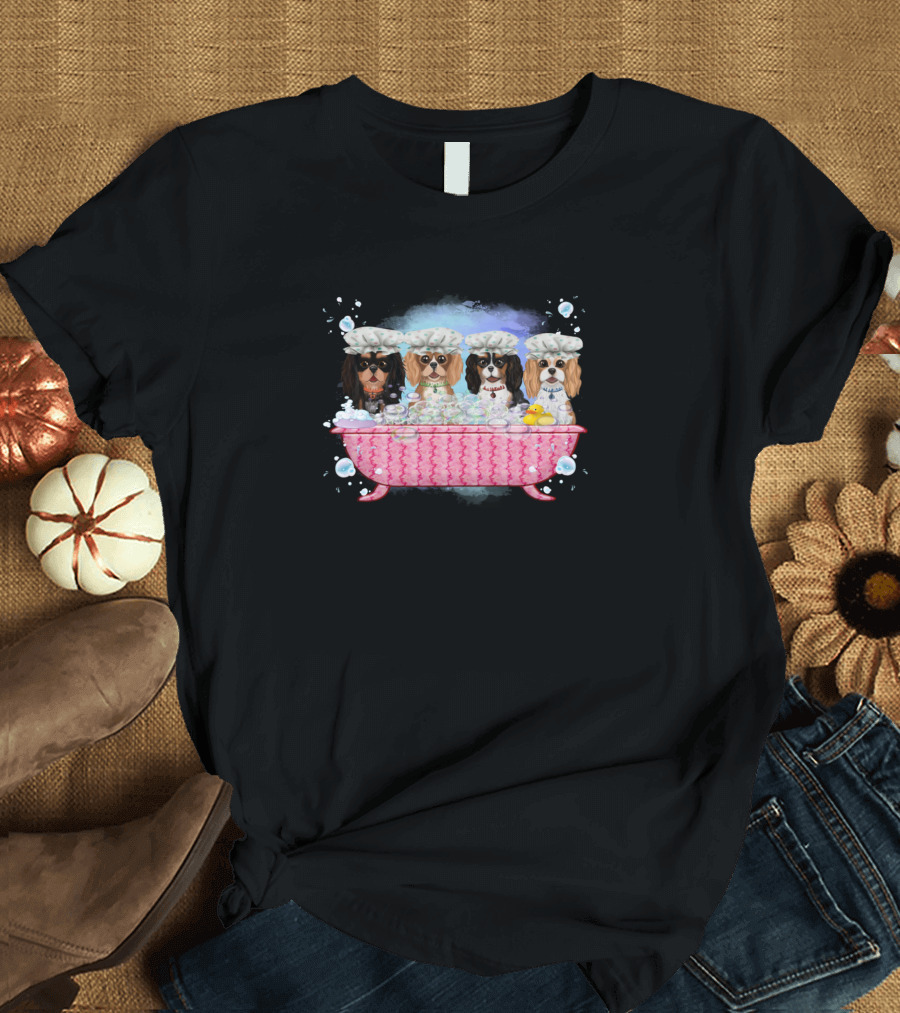 Four Cavalier King Charles Spaniels Wearing Shower Caps Sitting In A Bathtub Surrounded By Bubbles T-Shirt