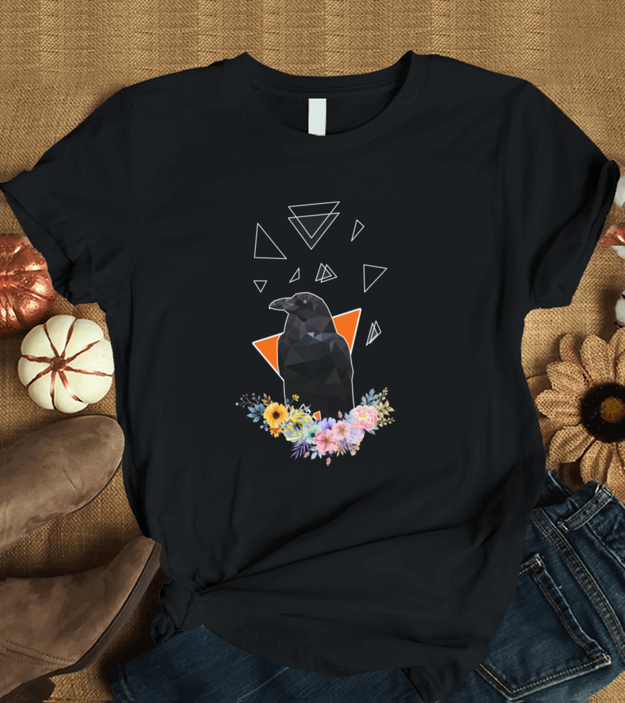 Raven Geometric Triangles with Vibrant Floral Accents T-Shirt