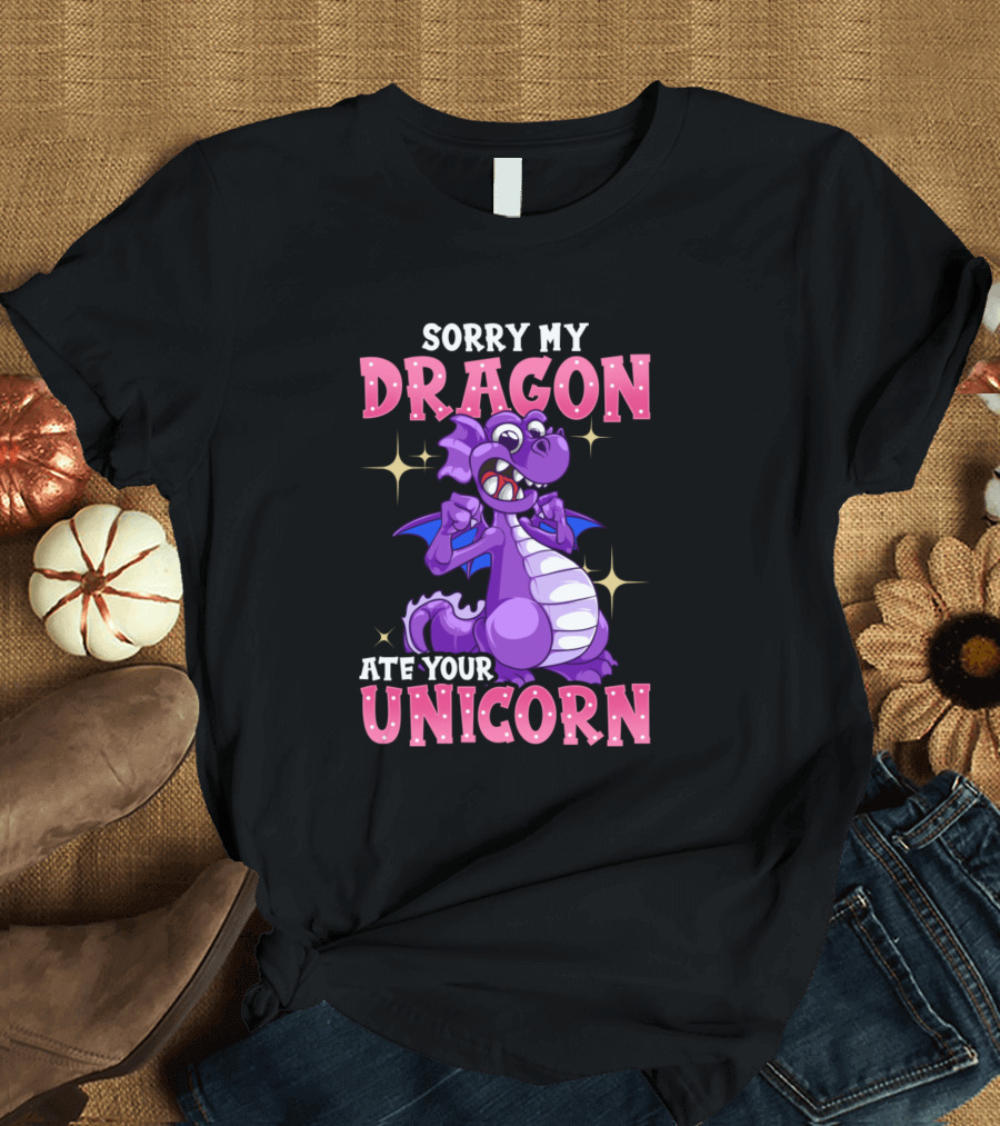Sorry My Dragon Ate Your Unicorn Funny Purple Cartoon Dragon T-Shirt
