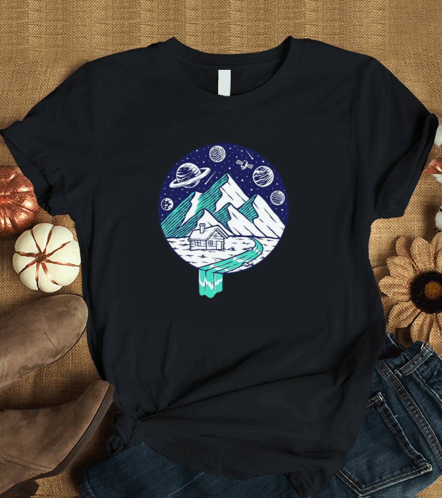 View Of The Mountain At Night With Planets And Cabin T-Shirt