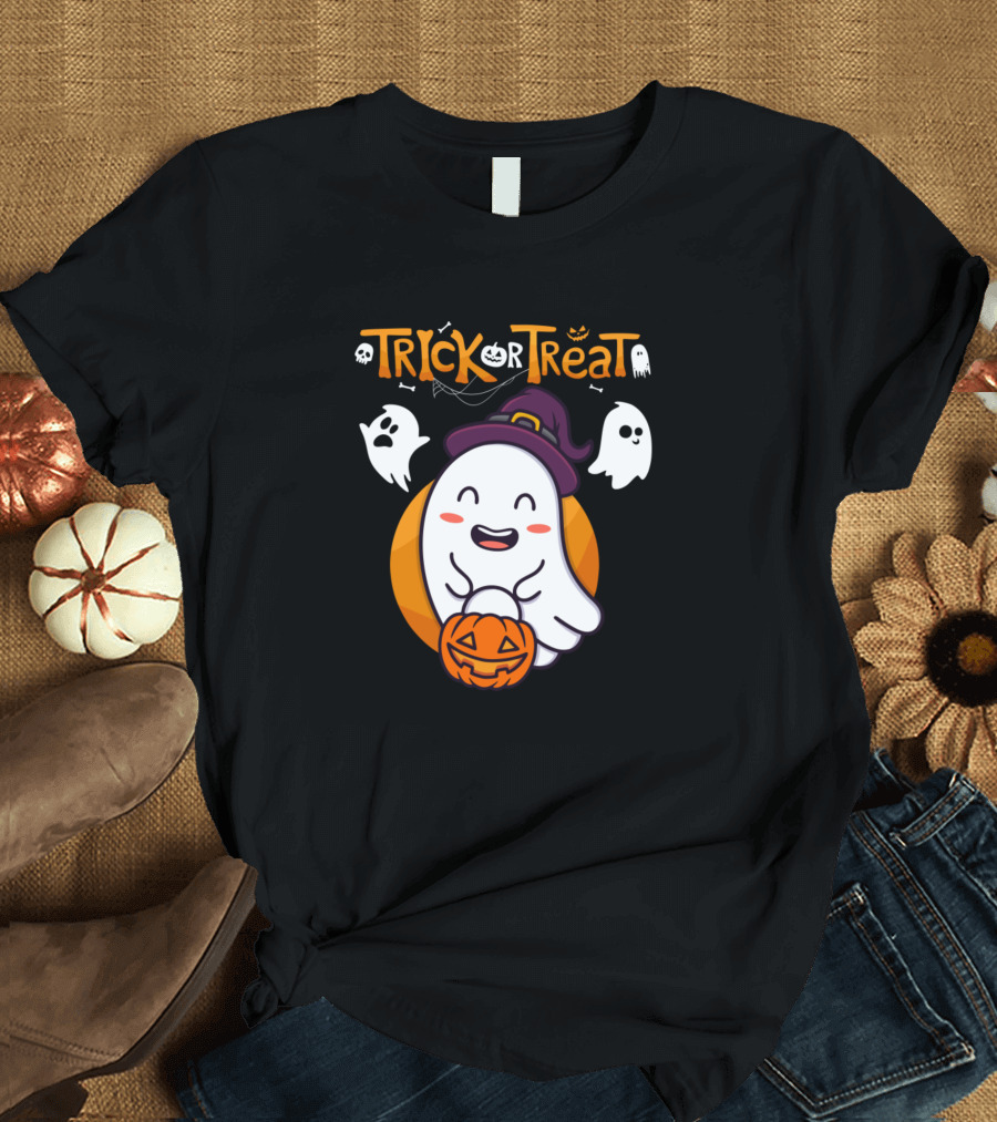 Trick Or Treat Ghost in Witch Hat with Pumpkin T-Shirt