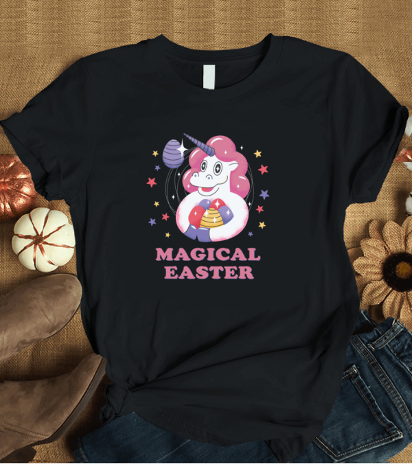 T-Shirt: Magical Easter Unicorn with Colorful Easter Eggs and Stars T-Shirt Magical Easter Unicorn with Colorful Easter Eggs and Stars T-Shirt