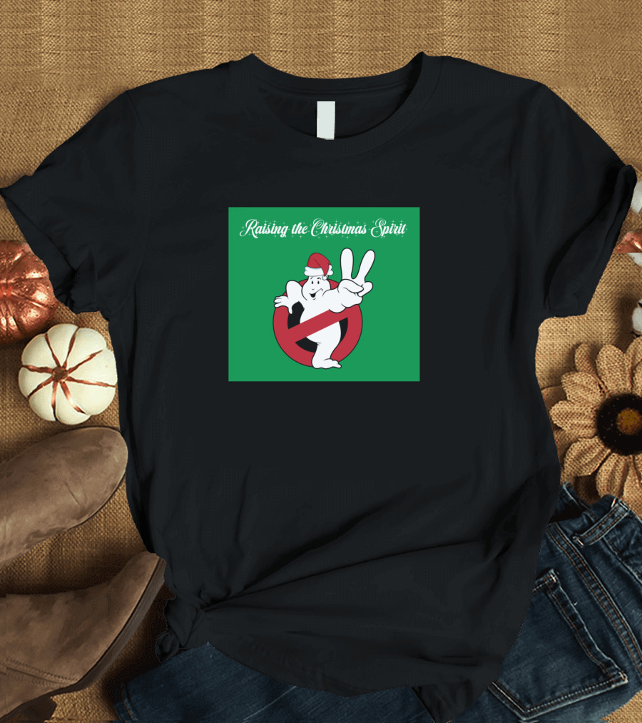 Raising the Christmas Spirit Ghostbusters Santa Hat Peace Sign T-Shirt