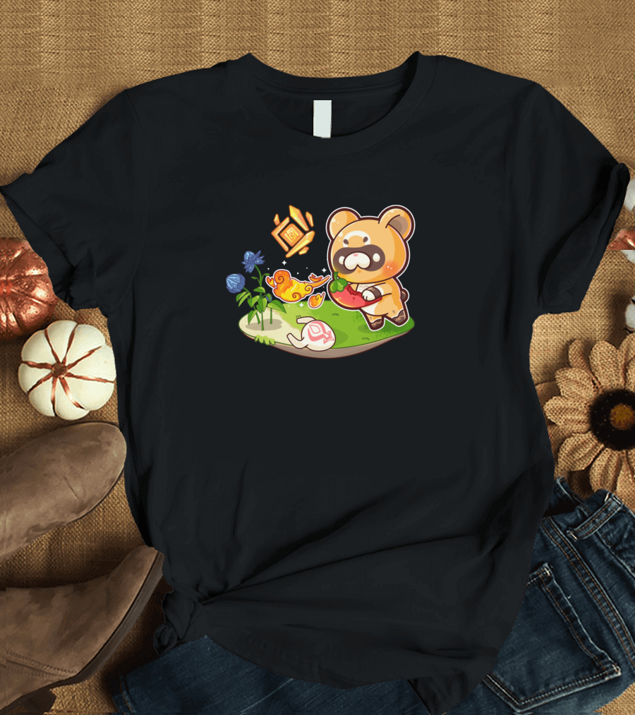 Guoba Genshin Impact Cute Bear Character with Fire Magic and Snail on Grass Patch T-Shirt
