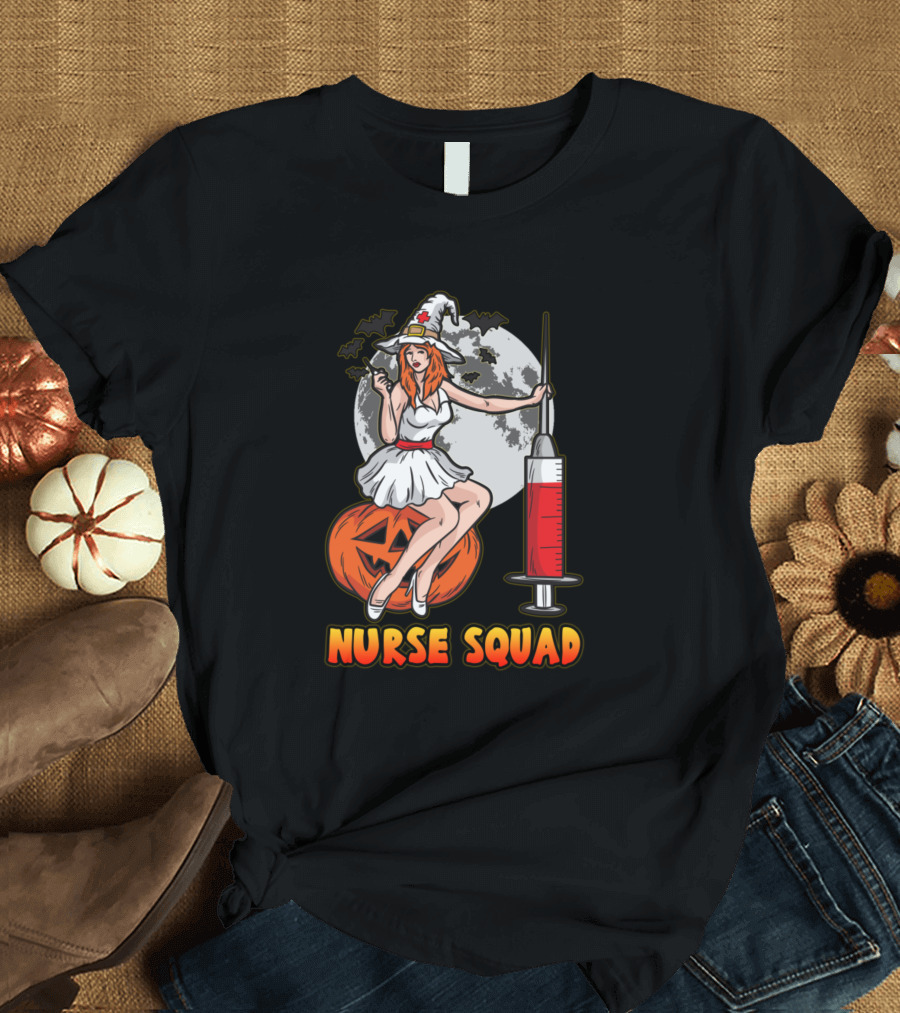 Nurse Squad Halloween Witch with Pumpkin and Syringe T-Shirt