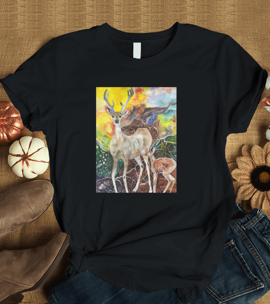 Patricias Deer Mother and Fawn in Vibrant Forest Scene T-Shirt