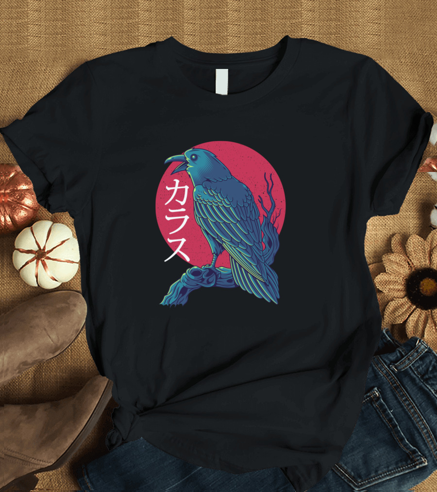 Red Moon Raven Crow Bird Japanese Gothic Nor T-Shirt