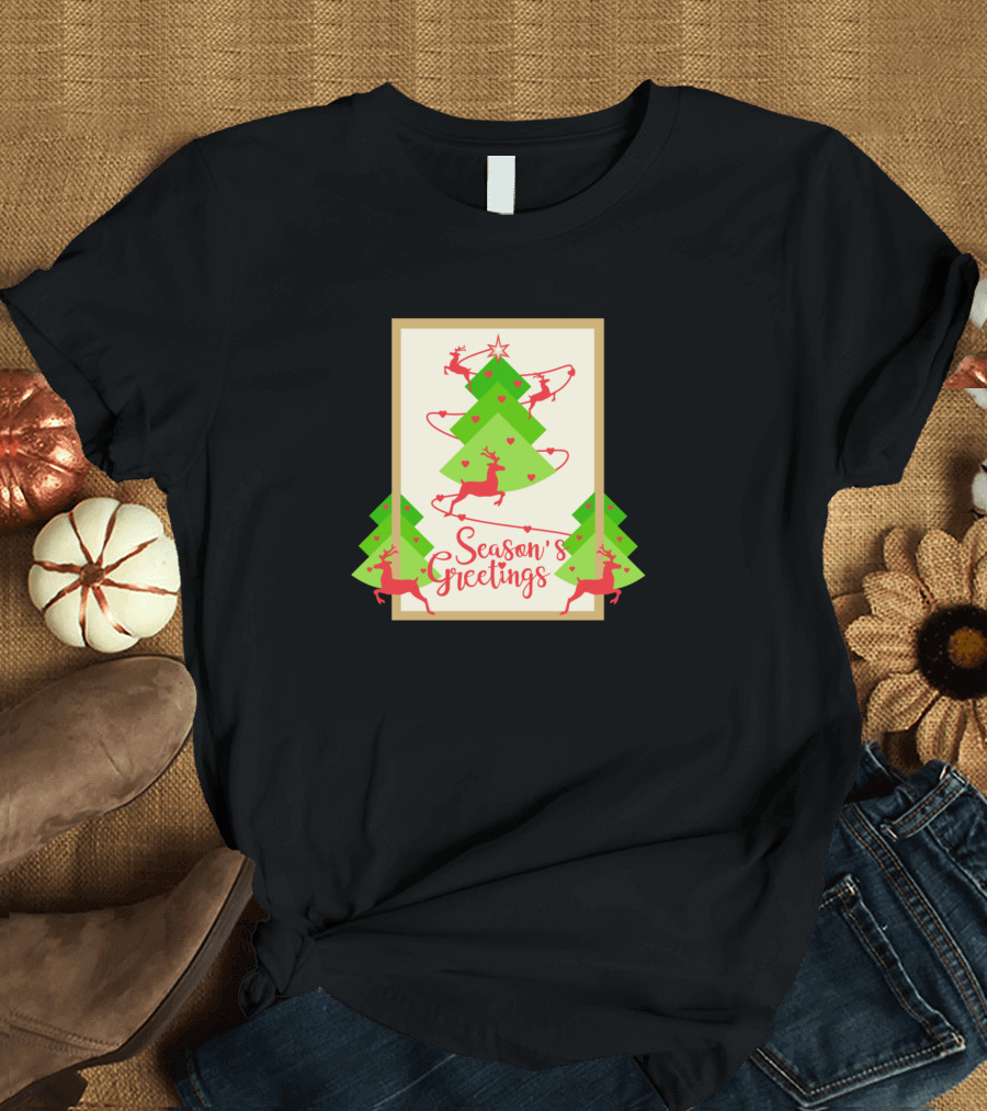 Season's Greetings With Reindeers and Hearts Christmas Tree T-Shirt