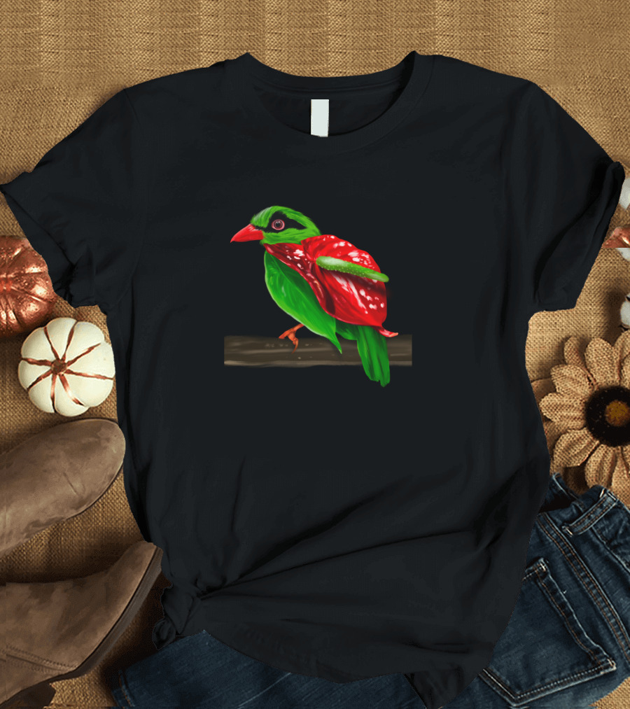 Victorian Crowned Pigeon Parrot Style in Vibrant Green and Red T-Shirt