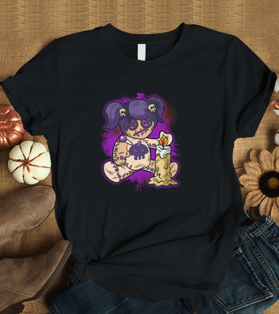 Gothic Voodoo Doll with Candle and Purple Skull Accents T-Shirt