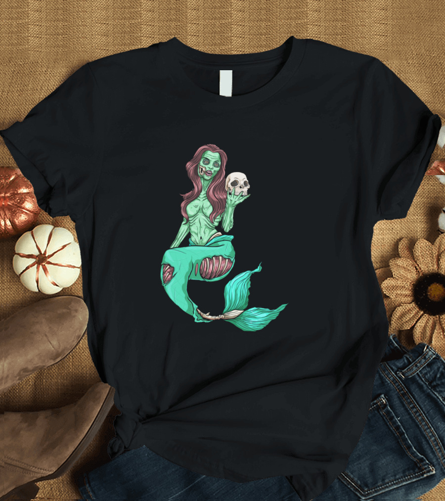Zombie Mermaid Skeleton Halloween Costume with Skull Pose T-Shirt