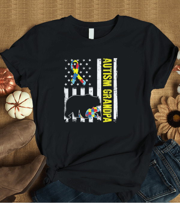 T-Shirt: Autism Grandpa Puzzle Bear USA Flag T-Shirt Autism Grandpa Puzzle Bear USA Flag T-Shirt