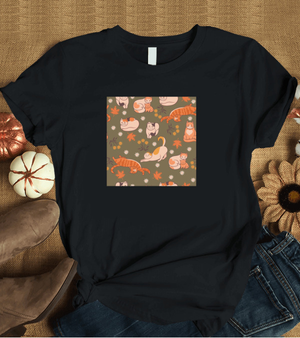 T-Shirt: Floral Cats and Autumn Leaves T-Shirt Floral Cats and Autumn Leaves T-Shirt