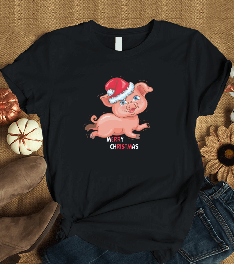 Merry Christmas Cute Santa Hat Piggy T-Shirt