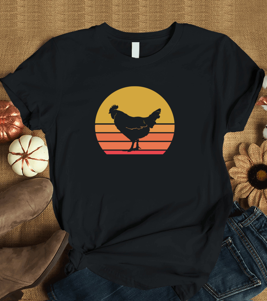 Retro Sun Chicken Rooster Silhouette Sunset Lines T-Shirt