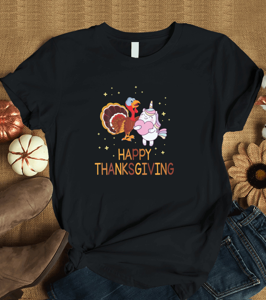 Happy Thanksgiving Unicorn and Turkey Dancing Together T-Shirt