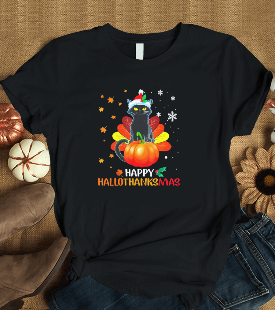 Happy Hallothanksmas Black Cat Pumpkin Snowflakes T-Shirt