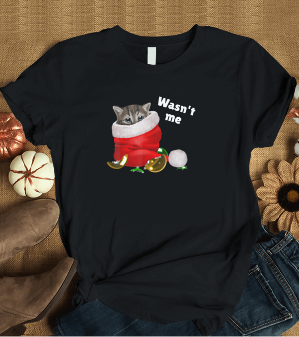 T-Shirt: Cat in Santa Hat with Christmas Baubles - Wasn't Me Mischief T-Shirt Cat in Santa Hat with Christmas Baubles - Wasn't Me Mischief T-Shirt