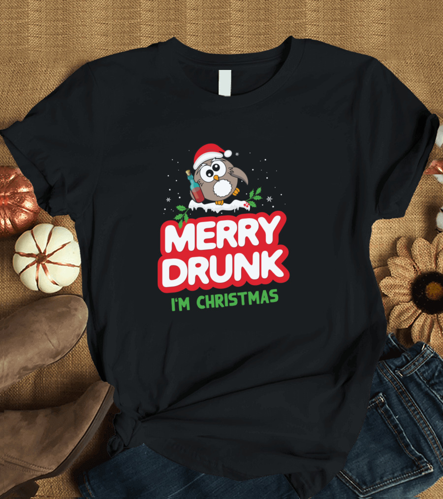 Merry Drunk I'm Christmas Funny Sayings Owl Santa Hat Beer T-Shirt