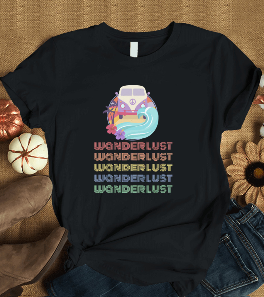 Wanderlust Hippie Retro Van with Peace Symbol and Tropical Beach Waves T-Shirt