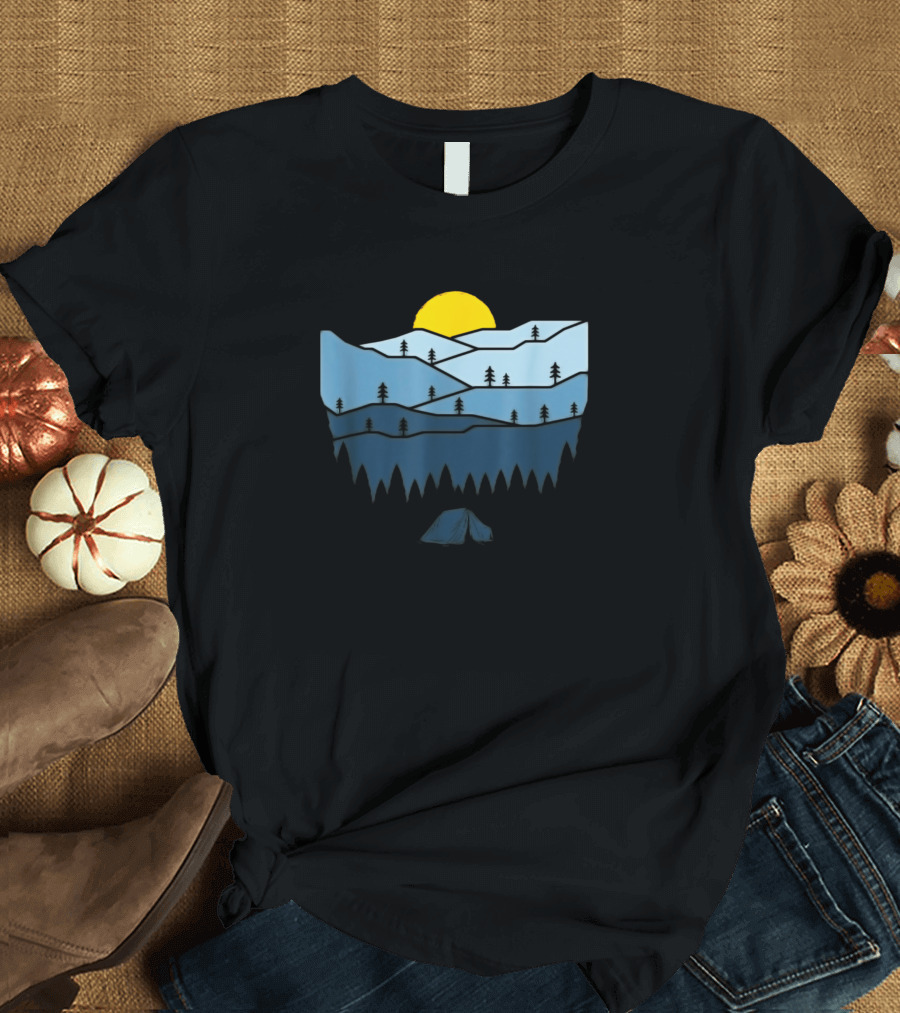 Mountain Landscape Wit Retro Sunset with Camping Tent T-Shirt