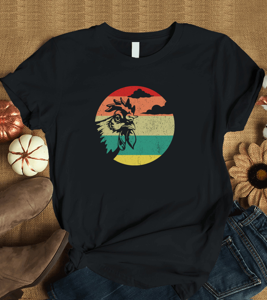 Retro Vintage Rooster Chicken Stripes Retro Sunset T-Shirt
