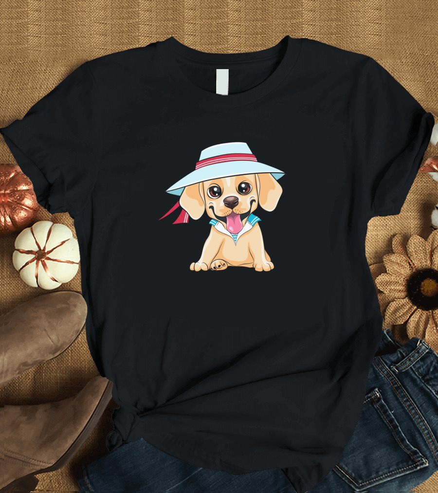 Cute Little Puppy with Floppy Hat at the Beach T-Shirt