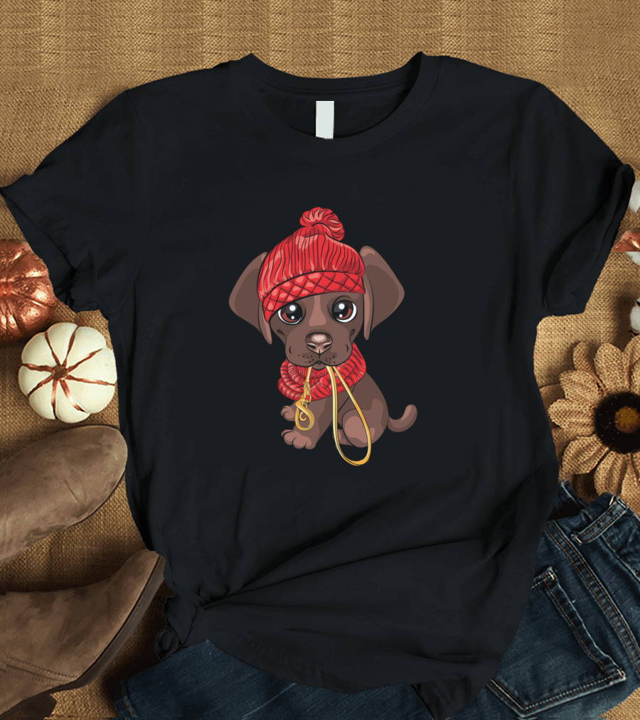Cute Puppy in Red Winter Hat with Leash Want Outside T-Shirt