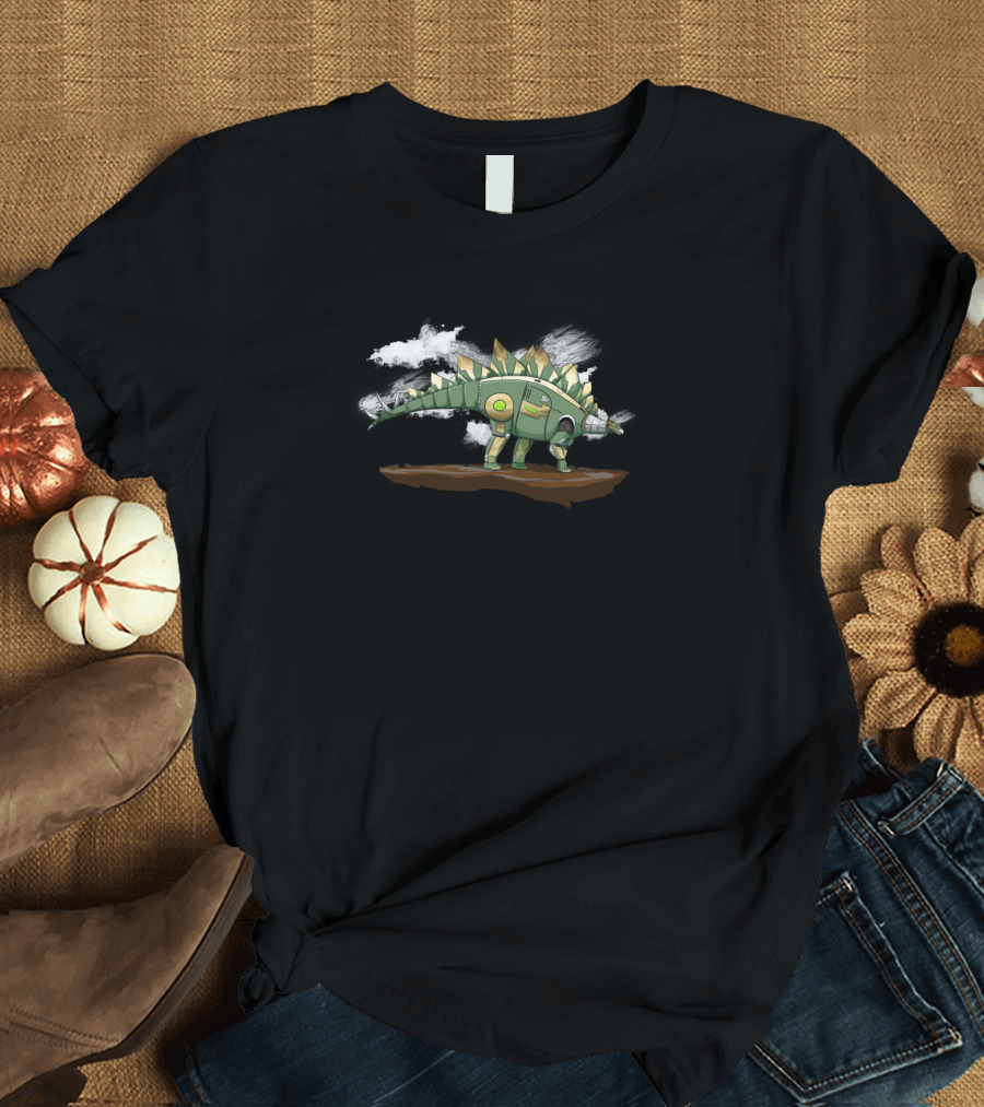 Steampunk Stegosaurus Dinosaur with Mechanical Elements and Smoke T-Shirt