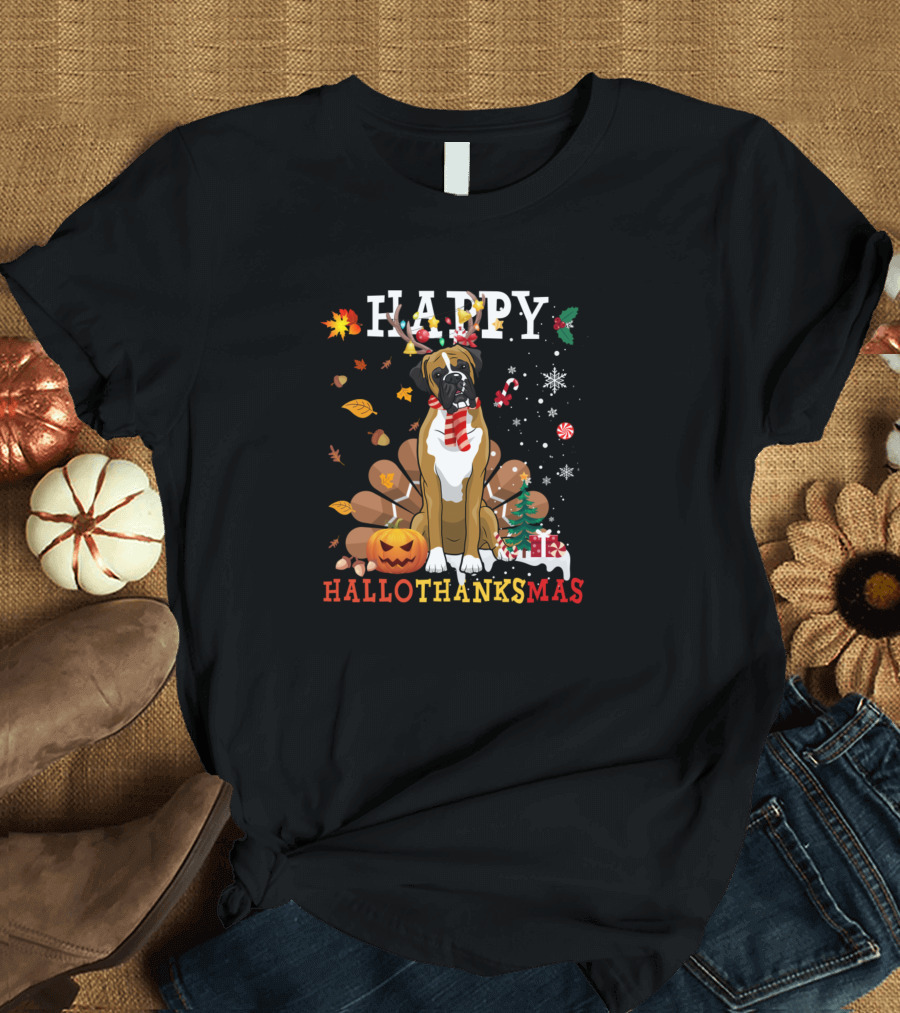 Happy Hallothanksmas Boxer Dog with Pumpkin Leaves and Christmas Elements T-Shirt