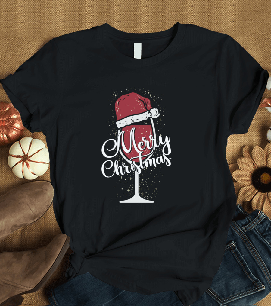 Merry Christmas Lustiges Weihnachten Rotwein Santa Hat Wine Glass T-Shirt
