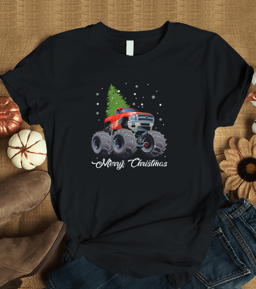 Merry Christmas Monster Red Truck with Xmas Tree and Snowflakes T-Shirt
