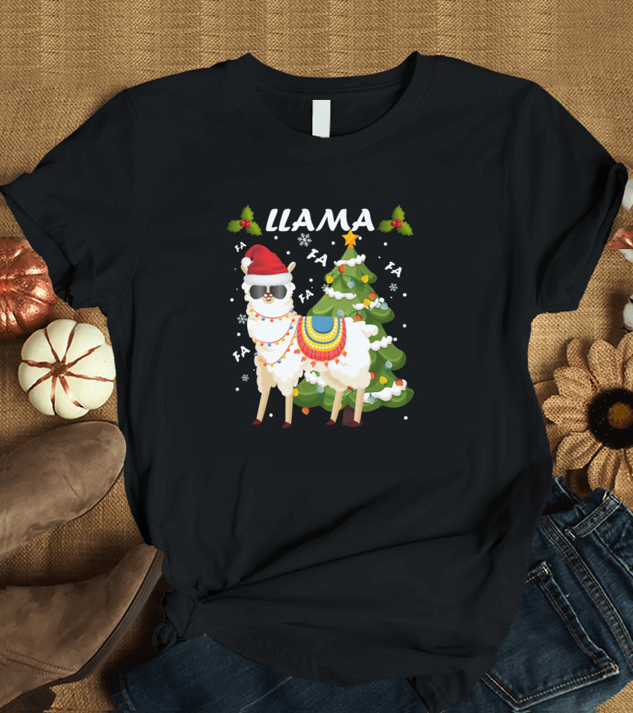 Llama Fa La La Christmas Tree Santa Hat Alpaca Lovers T-Shirt
