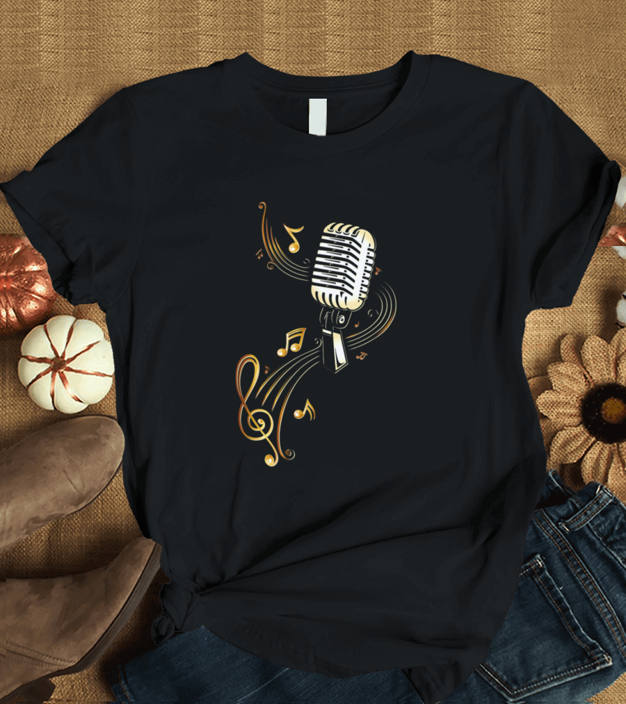 Vintage Microphone Golden Music Notes Treble Clef Swirl T-Shirt
