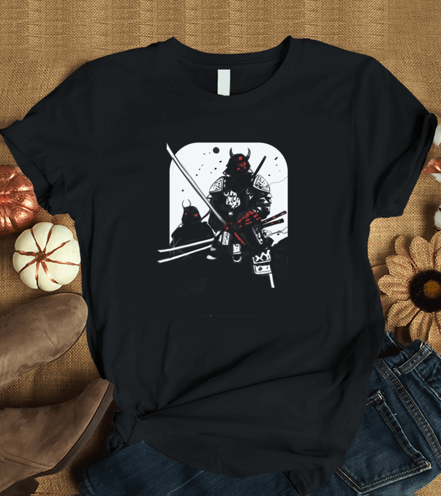 Samurai Blade Warrior with Dual Swords and Demonic Helmets T-Shirt