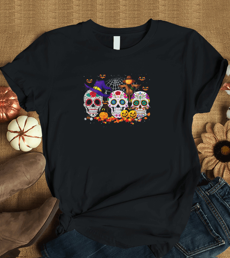 Halloween Sugar Skull with Pumpkins and Witch Hat T-Shirt