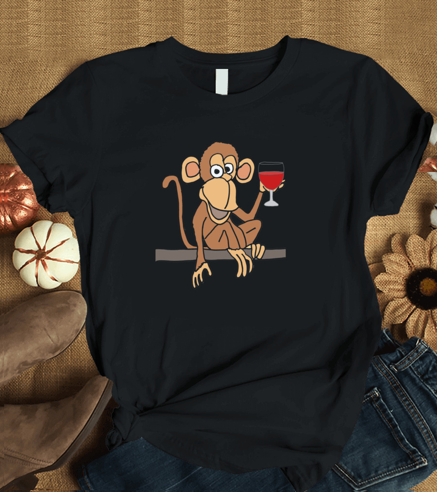 Funny Monkey Holding Red Wine Glass Cartoon T-Shirt
