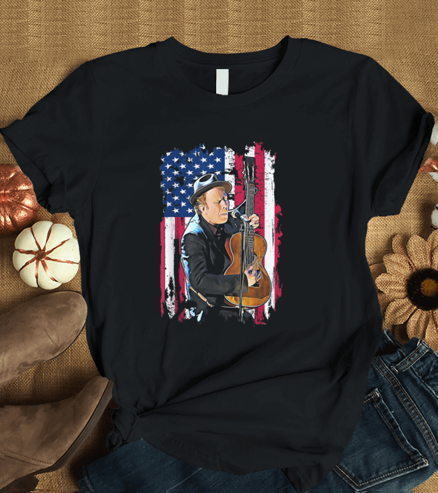 Love Tom Tees Waits Playing Guitar Music American Flag T-Shirt