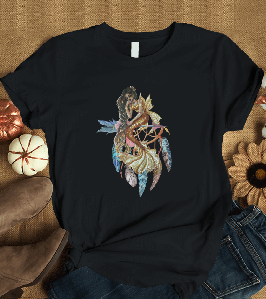 Mermaid Dreams of the Ocean with Dreamcatcher Feathers at Night T-Shirt